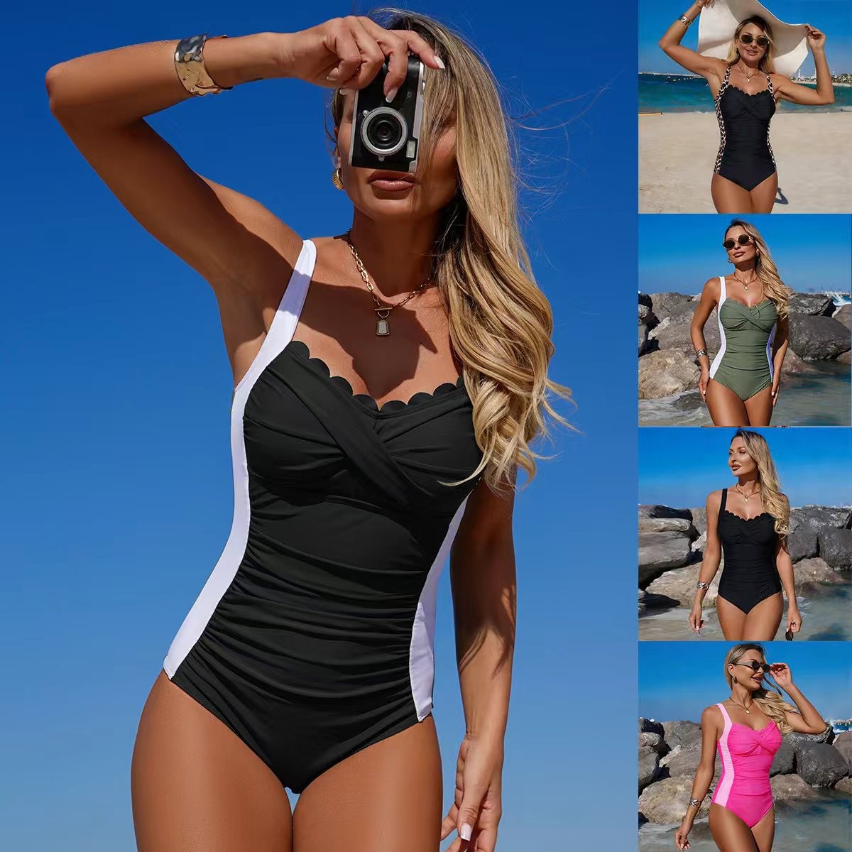 Black Swimsuit Scalloped Neckl - Swimsuit One Piece review and price