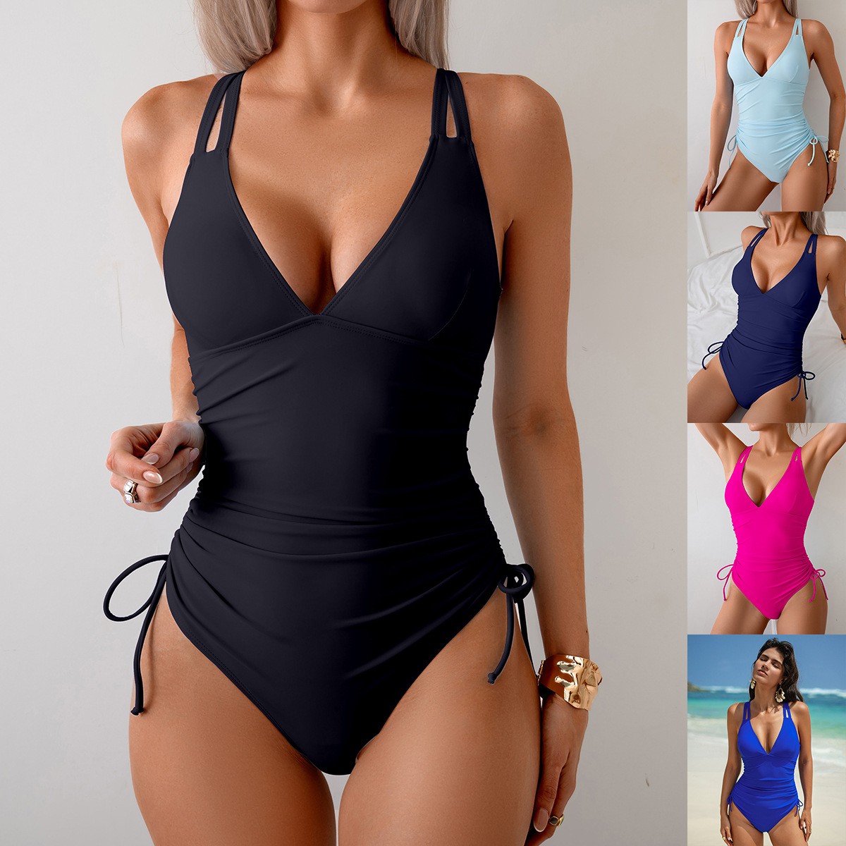 Solid Black Swimsuit V Neck Ru - Swimsuit One Piece review and price